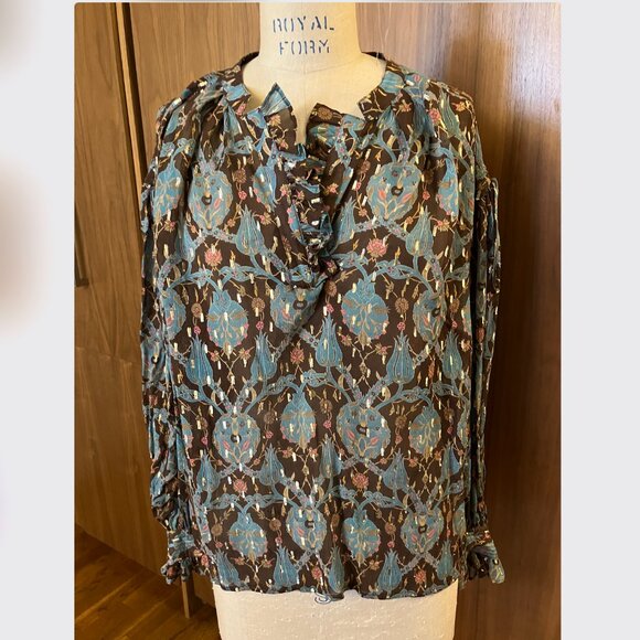 RARE FIGUE long sleeve "poet" blouse, ruffled, silk with metallic thread, S-M - Picture 1 of 6